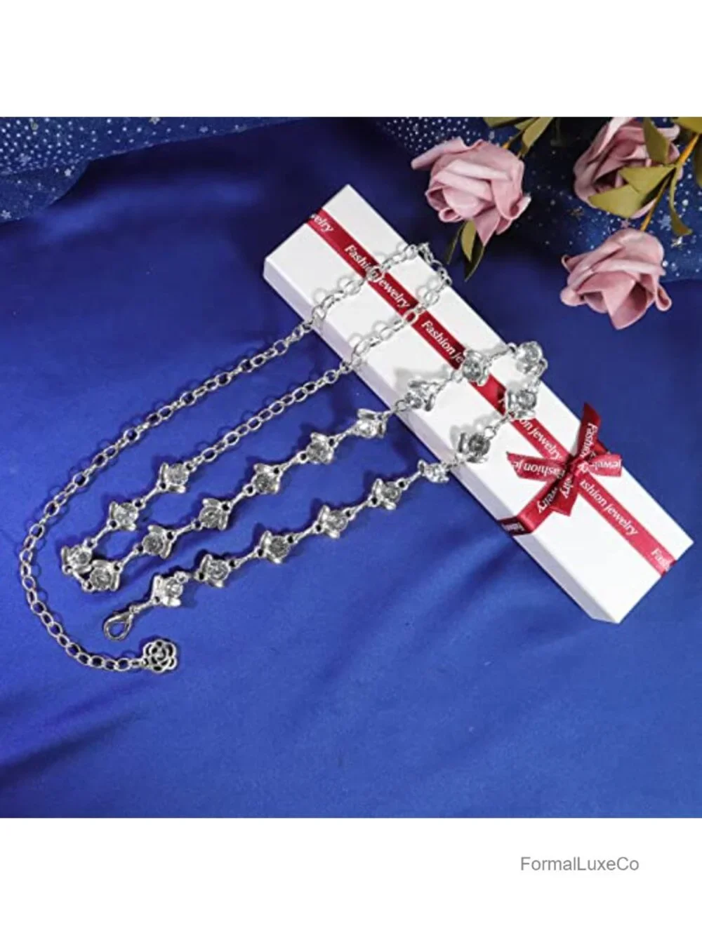Women's Rhinestone Crystal Chain Belt, Adjustable Metal Waist Belt, Party